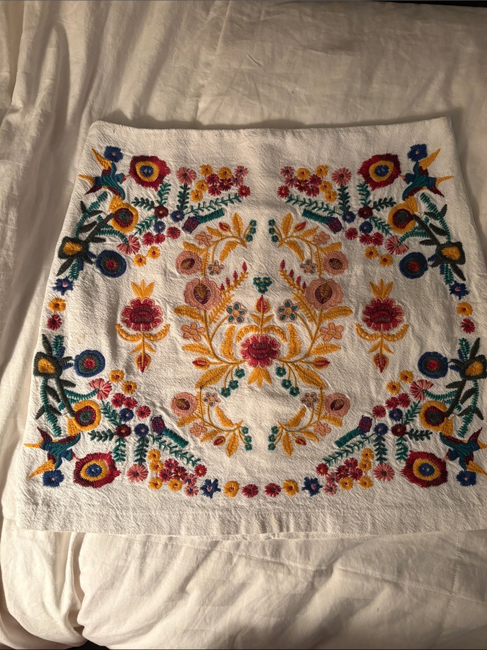 Umgee Embroidered Floral Gem Tone on White Fully Lined Mini Skirt
